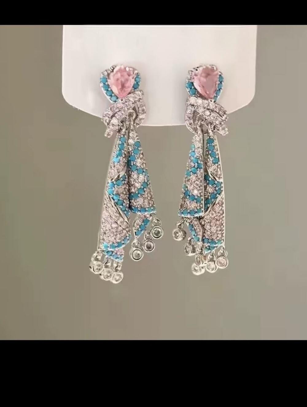 Elegant Pink Crystal & Blue Drape Statement Earrings